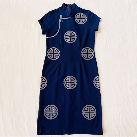 Womens Dress Short Shortsleeve High Neck Navy Asian Sparkly Party Fashion Small - Picture 1 of 4